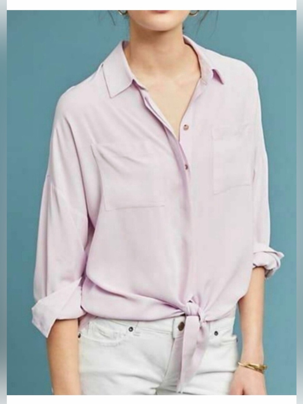 Anthropologie Maeve Sand-bridge Lilian Pink Tie-Front Button-Down Shirt Size M